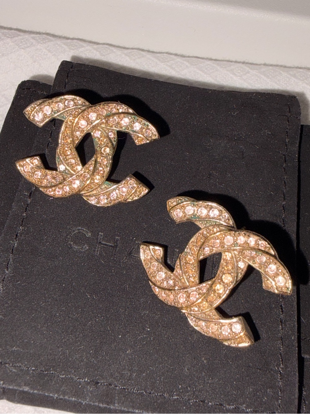 Chanel CC Gold and Pink Crystal logo post Earrings